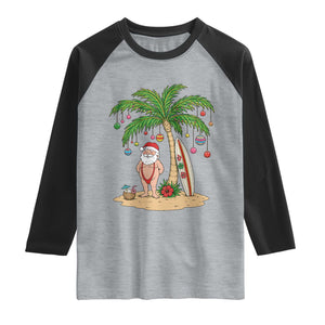 Funny Christmas In July Beach Raglan Shirt Mankini Santa Summer Swimsuit Summer Holiday Vacation Graphic TS10 Heather Gray Black Print Your Wear