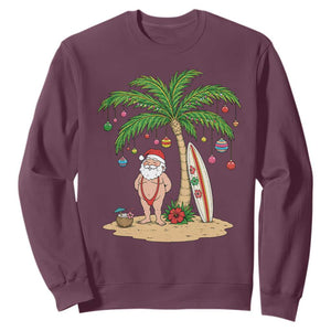Funny Christmas In July Beach Sweatshirt Mankini Santa Summer Swimsuit Summer Holiday Vacation Graphic TS10 Maroon Print Your Wear
