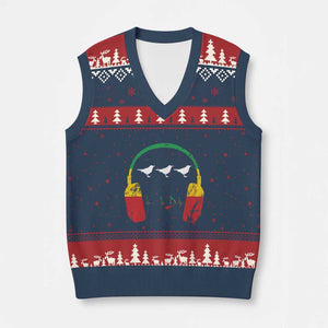 Little Birds V-Neck Knit Sweater Vest Rastafari Rasta Reggae Music Headphones Jamaican Pride TS10 Navy Red Print Your Wear