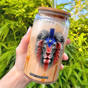 Lion of Judah Cross Puerto Rico Flag Glass Can Christian Faith Puerto Rican Pride
