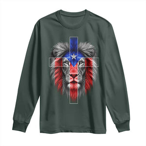 Lion of Judah Cross Puerto Rico Flag Long Sleeve Shirt Christian Faith Puerto Rican Pride