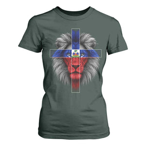Lion of Judah Cross Haiti Flag T Shirt For Women Christian Faith Haitian Pride