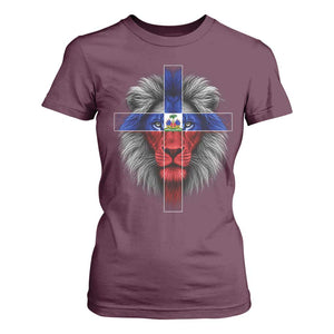 Lion of Judah Cross Haiti Flag T Shirt For Women Christian Faith Haitian Pride