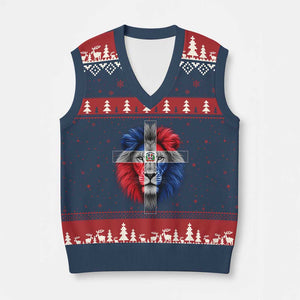 Lion of Judah Cross Dominican Republic Flag V-Neck Knit Sweater Vest Christian Faith Dominican Pride