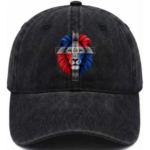Lion of Judah Cross Dominican Republic Flag Washed Cotton Baseball Cap Christian Faith Dominican Pride