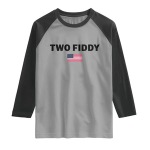 Two Fiddy American Flag Raglan Shirt Funny 250th America Celebration Patriotic Graphic