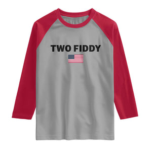 Two Fiddy American Flag Raglan Shirt Funny 250th America Celebration Patriotic Graphic