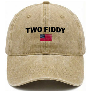 Two Fiddy American Flag Washed Cotton Baseball Cap Funny 250th America Celebration Patriotic Graphic