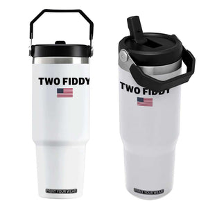 Two Fiddy American Flag Flip Straw Tumbler Funny 250th America Celebration Patriotic Graphic