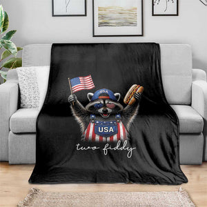 Funny Two Fiddy Raccoon Patriotic Throw Blanket USA Flag Hot Dog Fourth of July USA 250th Anniversary