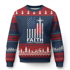 Faith Family Freedom Ugly Christmas Sweater Charlie Kirk Patriotic Christian Vintage USA Flag TS10 Navy Red Print Your Wear
