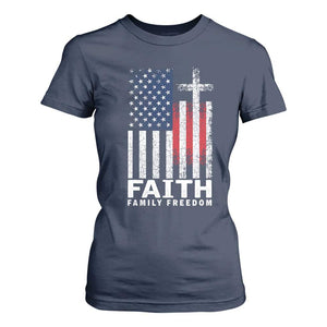 Faith Family Freedom T Shirt For Women Charlie Kirk Patriotic Christian Vintage USA Flag TS10 Navy Print Your Wear