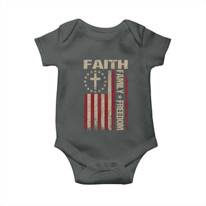 Faith Family Freedom Baby Onesie Patriotic Christian Vintage USA Flag TS10 Dark Heather Print Your Wear