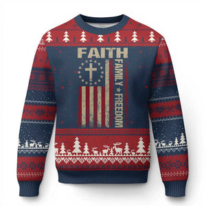Faith Family Freedom Ugly Christmas Sweater Patriotic Christian Vintage USA Flag TS10 Navy Red Print Your Wear