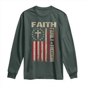 Faith Family Freedom Long Sleeve Shirt Patriotic Christian Vintage USA Flag TS10 Dark Forest Green Print Your Wear