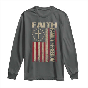 Faith Family Freedom Long Sleeve Shirt Patriotic Christian Vintage USA Flag TS10 Dark Heather Print Your Wear