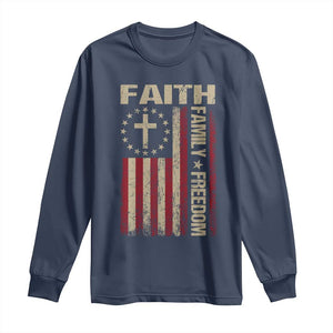 Faith Family Freedom Long Sleeve Shirt Patriotic Christian Vintage USA Flag TS10 Navy Print Your Wear