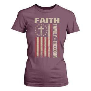 Faith Family Freedom T Shirt For Women Patriotic Christian Vintage USA Flag TS10 Maroon Print Your Wear