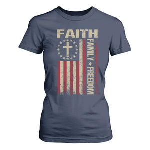 Faith Family Freedom T Shirt For Women Patriotic Christian Vintage USA Flag TS10 Navy Print Your Wear