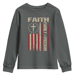 Faith Family Freedom Youth Sweatshirt Patriotic Christian Vintage USA Flag TS10 Dark Heather Print Your Wear