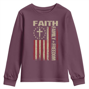 Faith Family Freedom Youth Sweatshirt Patriotic Christian Vintage USA Flag TS10 Maroon Print Your Wear