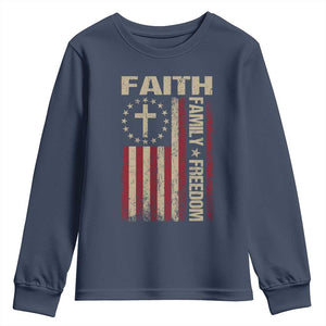 Faith Family Freedom Youth Sweatshirt Patriotic Christian Vintage USA Flag TS10 Navy Print Your Wear