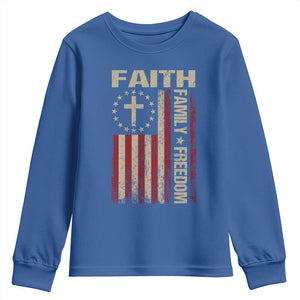 Faith Family Freedom Youth Sweatshirt Patriotic Christian Vintage USA Flag TS10 Royal Blue Print Your Wear