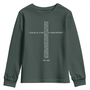 Charlie Kirk Youth Sweatshirt A True Patriot Patriotic Christian Cross TS10 Dark Forest Green Print Your Wear