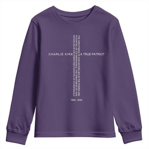Charlie Kirk Youth Sweatshirt A True Patriot Patriotic Christian Cross TS10 Purple Print Your Wear
