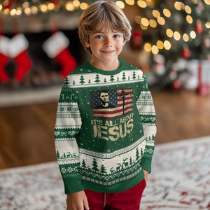 Charlie Kirk Ugly Christmas Sweater Its All About Jesus USA Flag Patriotic Christian TS10 Forest Green Beige Print Your Wear