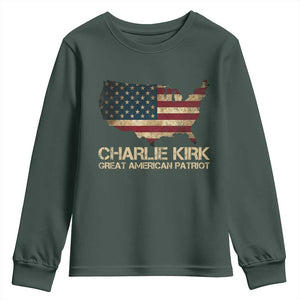 Charlie Kirk Youth Sweatshirt Great American Patriot USA Flag TS10 Dark Forest Green Print Your Wear