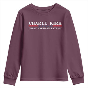 Charlie Kirk Youth Sweatshirt Great American Patriot USA Freedom Conservative TS10 Maroon Print Your Wear