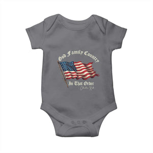 God Family Country In That Order Baby Onesie Charlie Kirk Patriotic Christian Vintage USA Flag TS10 Charcoal Print Your Wear