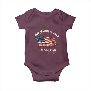 God Family Country In That Order Baby Onesie Charlie Kirk Patriotic Christian Vintage USA Flag TS10 Maroon Print Your Wear