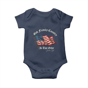 God Family Country In That Order Baby Onesie Charlie Kirk Patriotic Christian Vintage USA Flag TS10 Navy Print Your Wear