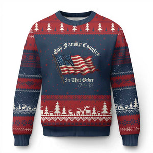 God Family Country In That Order Ugly Christmas Sweater Charlie Kirk Patriotic Christian Vintage USA Flag TS10 Navy Red Print Your Wear