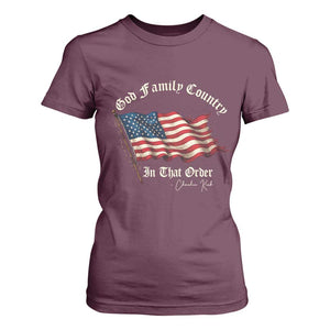 God Family Country In That Order T Shirt For Women Charlie Kirk Patriotic Christian Vintage USA Flag TS10 Maroon Print Your Wear