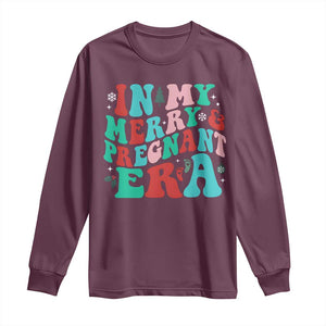 Christmas Pregnancy Announcement Long Sleeve Shirt Merry & Pregnant Era Cute Groovy Christmas Holiday Xmas TS10 Maroon Print Your Wear