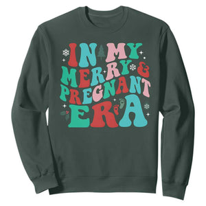 Christmas Pregnancy Announcement Sweatshirt Merry & Pregnant Era Cute Groovy Christmas Holiday Xmas TS10 Dark Forest Green Print Your Wear