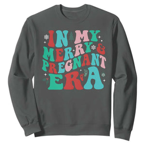 Christmas Pregnancy Announcement Sweatshirt Merry & Pregnant Era Cute Groovy Christmas Holiday Xmas TS10 Dark Heather Print Your Wear