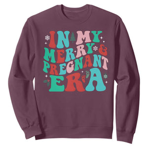 Christmas Pregnancy Announcement Sweatshirt Merry & Pregnant Era Cute Groovy Christmas Holiday Xmas TS10 Maroon Print Your Wear