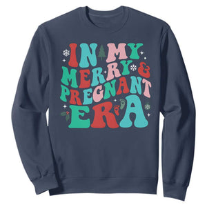 Christmas Pregnancy Announcement Sweatshirt Merry & Pregnant Era Cute Groovy Christmas Holiday Xmas TS10 Navy Print Your Wear