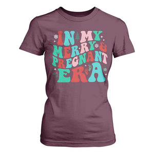 Christmas Pregnancy Announcement T Shirt For Women Merry & Pregnant Era Cute Groovy Christmas Holiday Xmas TS10 Maroon Print Your Wear