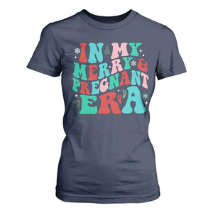 Christmas Pregnancy Announcement T Shirt For Women Merry & Pregnant Era Cute Groovy Christmas Holiday Xmas TS10 Navy Print Your Wear