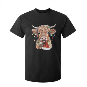 Christmas Cow T Shirt For Kid Highland Cow Lights Santa Hats Farm Xmas TS10 Black Print Your Wear