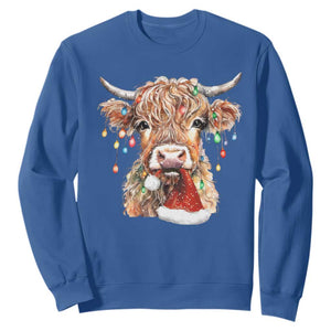 Christmas Cow Sweatshirt Highland Cow Lights Santa Hats Farm Xmas TS10 Royal Blue Print Your Wear