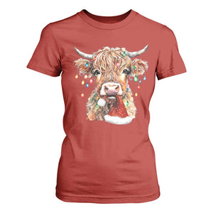 Christmas Cow T Shirt For Women Highland Cow Lights Santa Hats Farm Xmas TS10 Red Print Your Wear