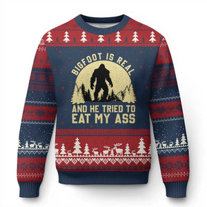 Funny Bigfoot Ugly Christmas Sweater Sasquatch Big Foot Eat My Ass Vintage Cryptid Meme TS10 Navy Red Print Your Wear