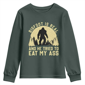 Funny Bigfoot Youth Sweatshirt Sasquatch Big Foot Eat My Ass Vintage Cryptid Meme TS10 Dark Forest Green Print Your Wear