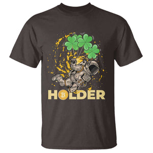St Patricks Day Bitcoin Astronaut T Shirt Lucky Shamrock Leprechaun BTC Crypto Holder TS10 Dark Chocolate Print Your Wear